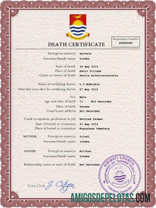 Imprimível modelo PSD de certidão de óbito de Kiribati